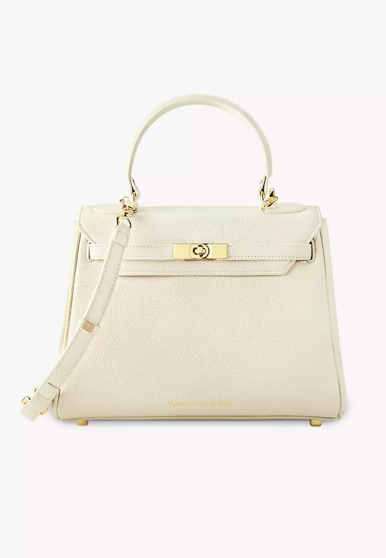 Victoria女士白色顶柄手提包，带金色五金件