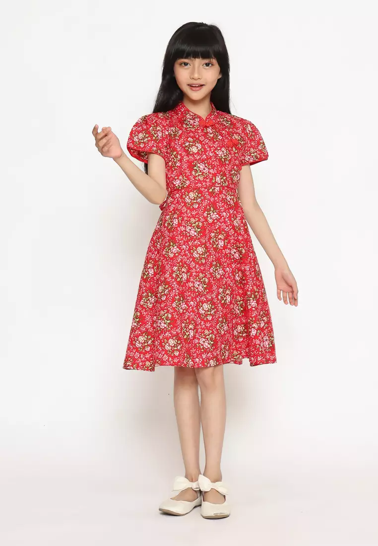 Dress Anak Perempuan Kerah Mandarin Bunga Red - CUTE
