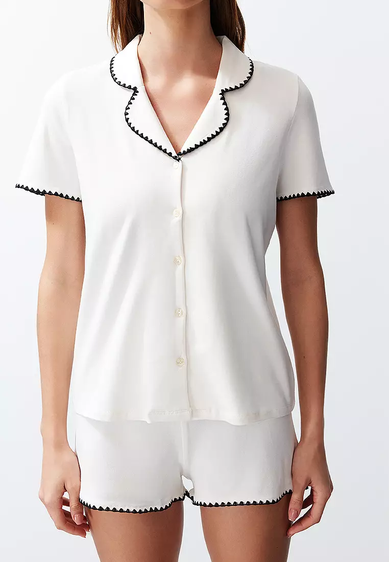 Ecru Embroidery Detail Shorts Knitted Pajama Set