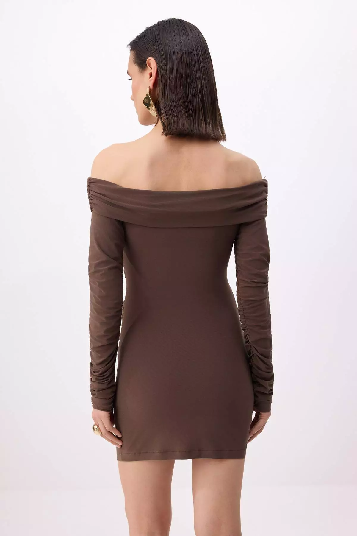 Brown Plain Carmen Collar Mini Sandy Dress Tprss26El142