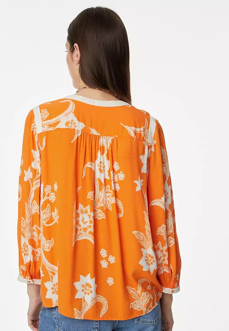 Haut Femme Imprimé Floral Marks & Spencer – Taille 14 – Manches Longues Col Rond – Occasion Très Bon état