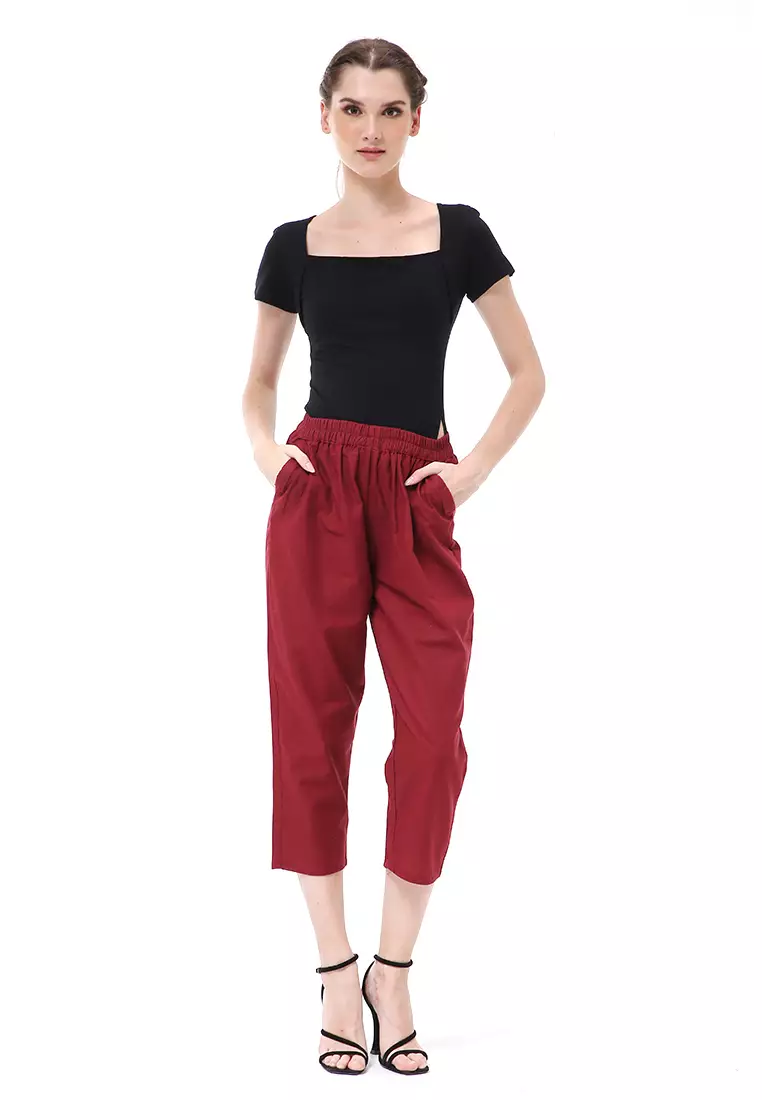Stella Long Pants Celana Kulot Wanita Korean Style Material Linen ORIGINAL - Maroon