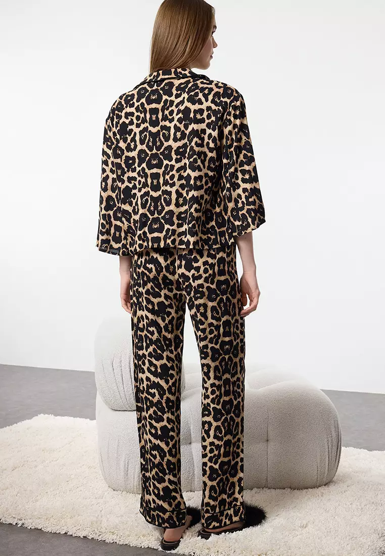 Multicolored Leopard Patterned Viscose Woven Pajama Set THMAW21PT0292