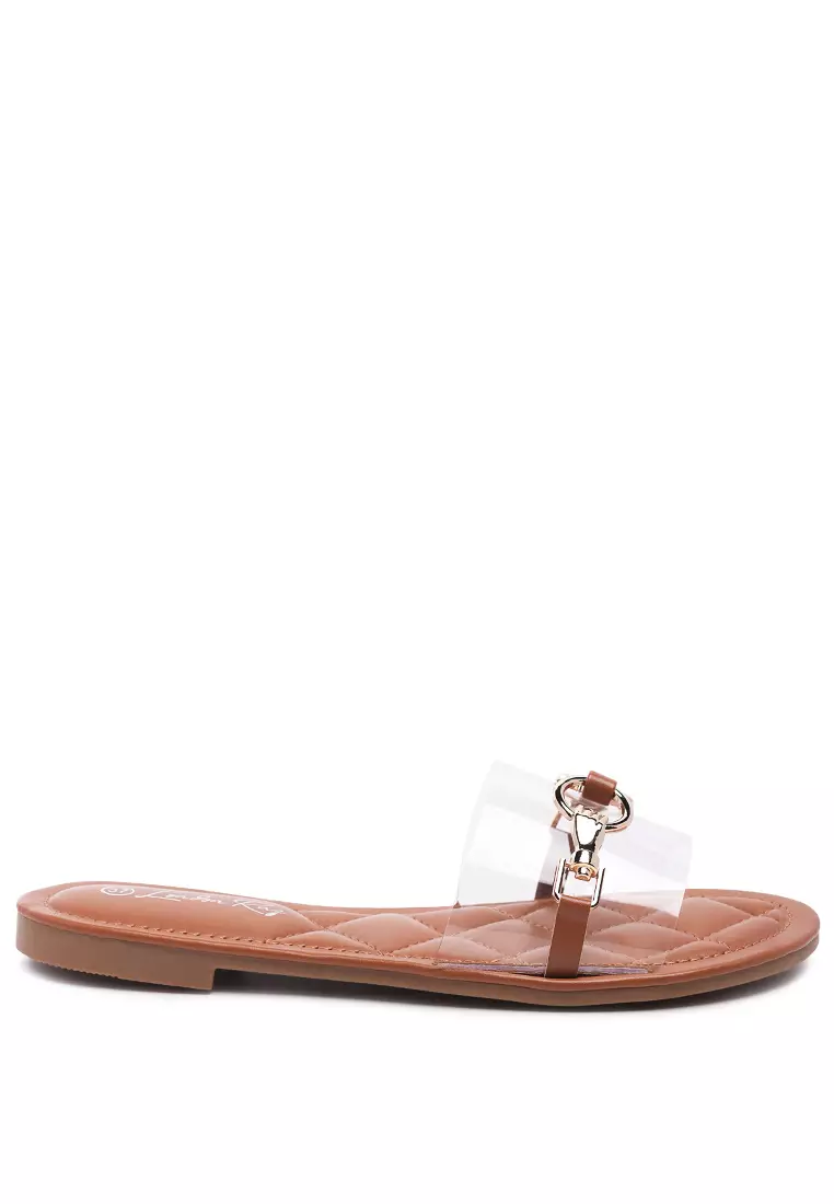 Discount on London Rag  shoes - SKU: Clear Buckled Quilted Slides In Tan