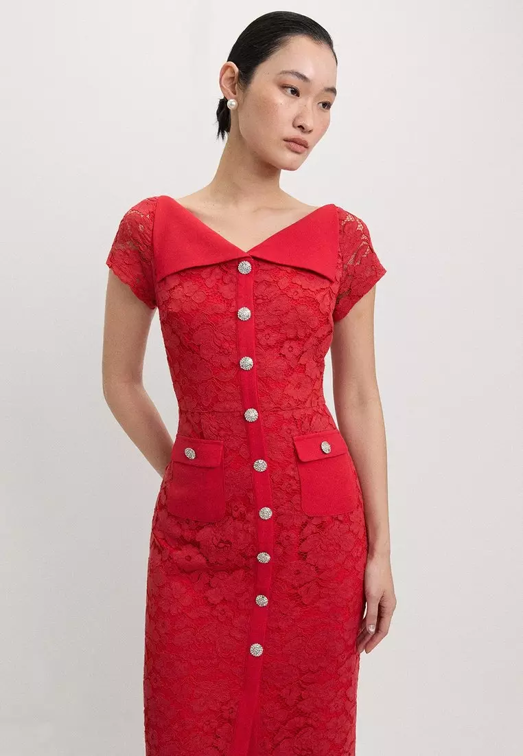 Lace Button-Up Midi Dress - Red
