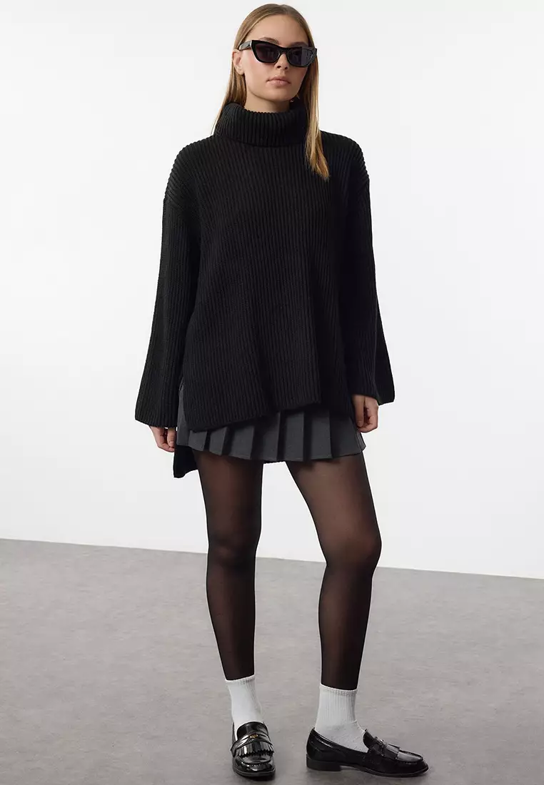 Black Turtleneck Wide Pattern Knitwear Sweater Twoaw25Kz00394