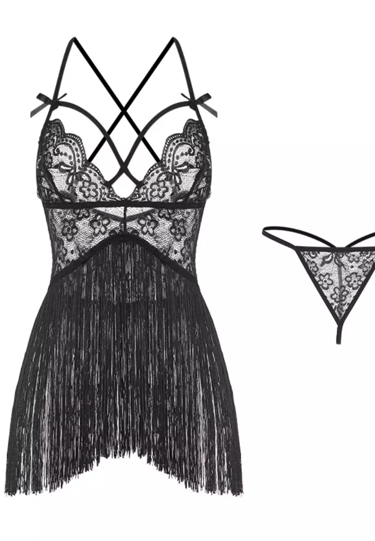 New deep V lace backless tassel pajamas nightgown Lingerie K062603BK