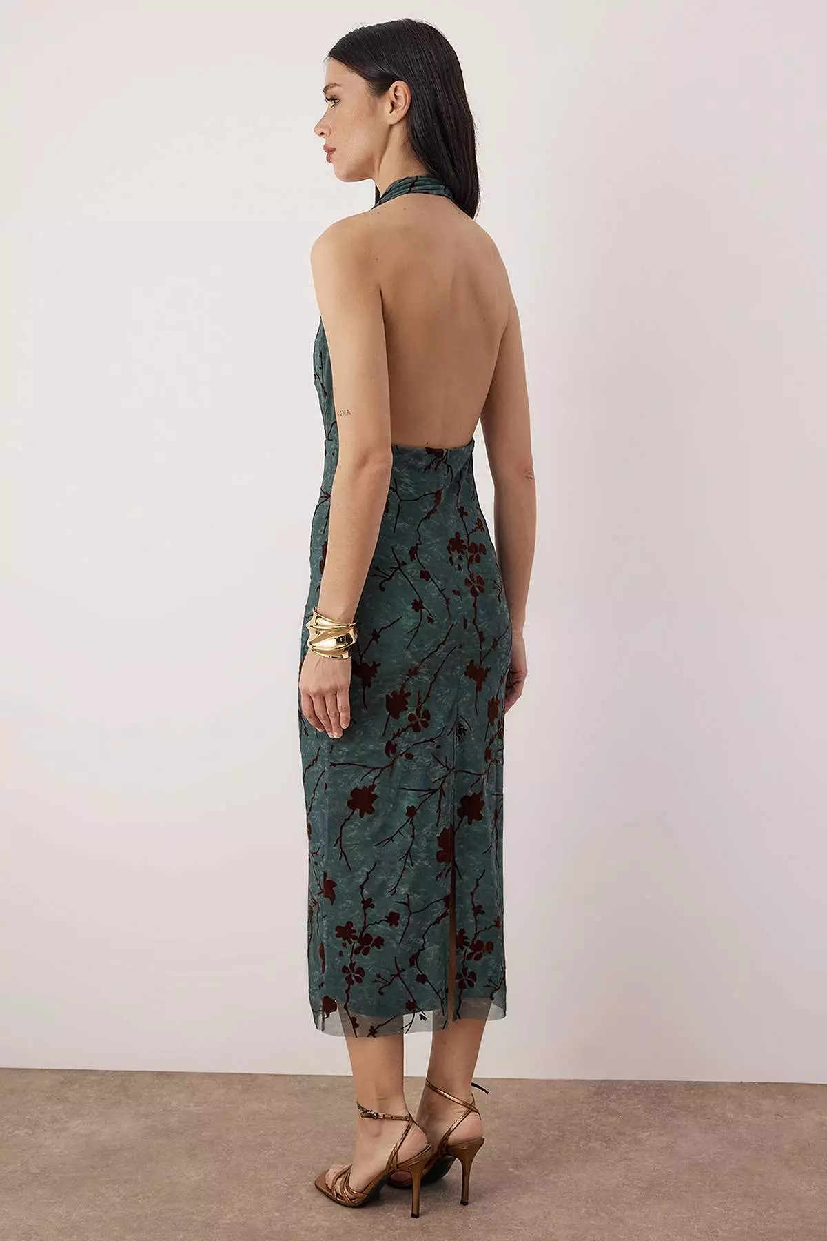 Emerald Green Floral Knitted Tulle Midi Lined Graduation/Prom Dress Tpraw26El14