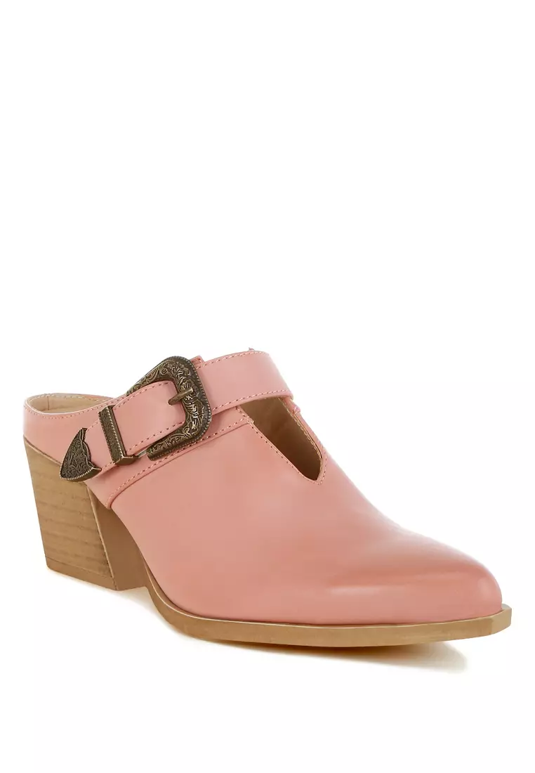 Carved Buckle Statement Mules in Pink