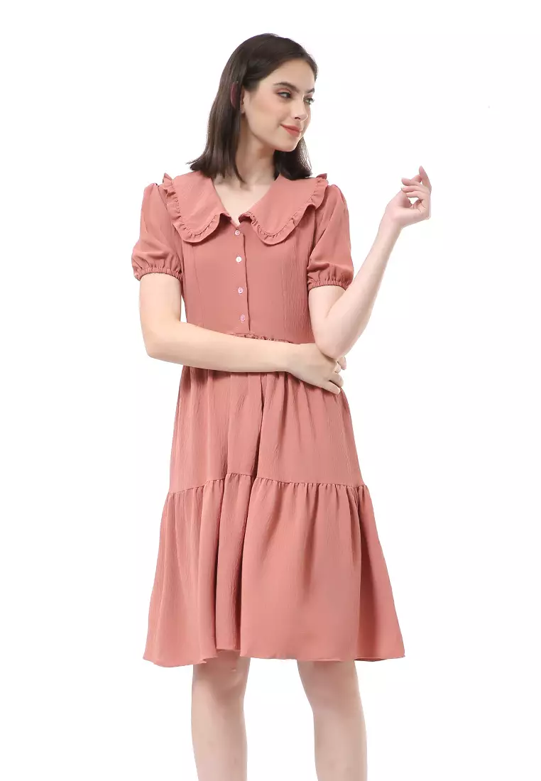 Rachel Dress Rample Wanita Collar Vintage Button Layer Trap Lengan Pendek Material Cey Flow ORIGINAL - Thai Tea