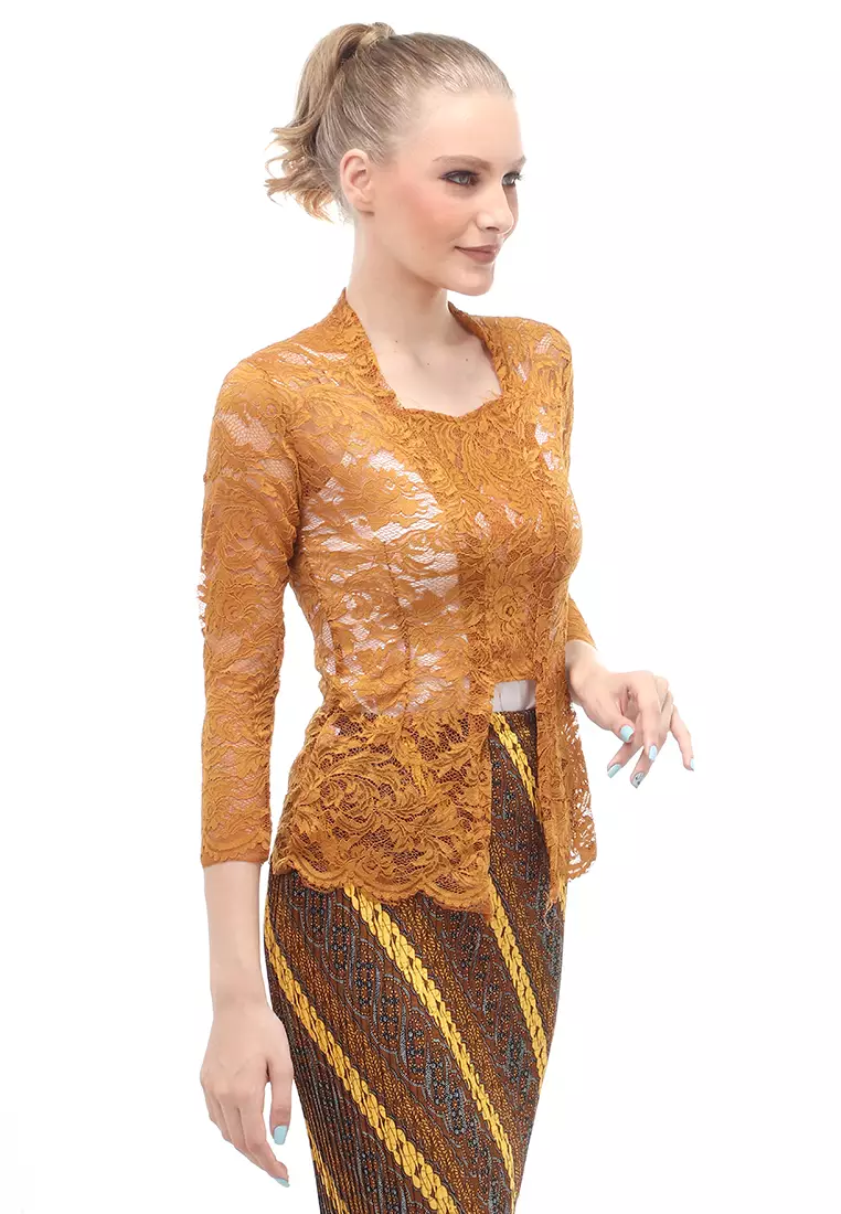Hara Kebaya Seri 1 Motif Brokat Long Sleeves Atasan Wanita Transparan Premium Quality - Tembaga