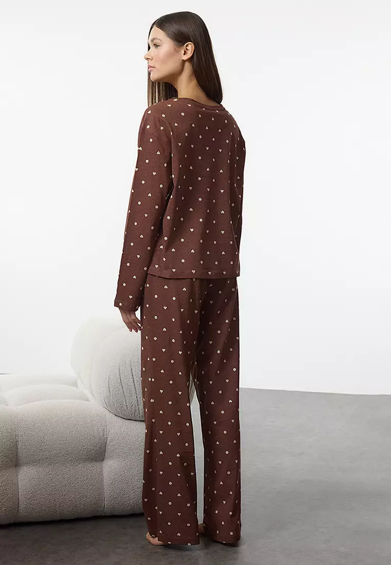 Brown 100% Cotton Polka Dot And Heart Knitted Pajama Set Thmaw25Pt00039