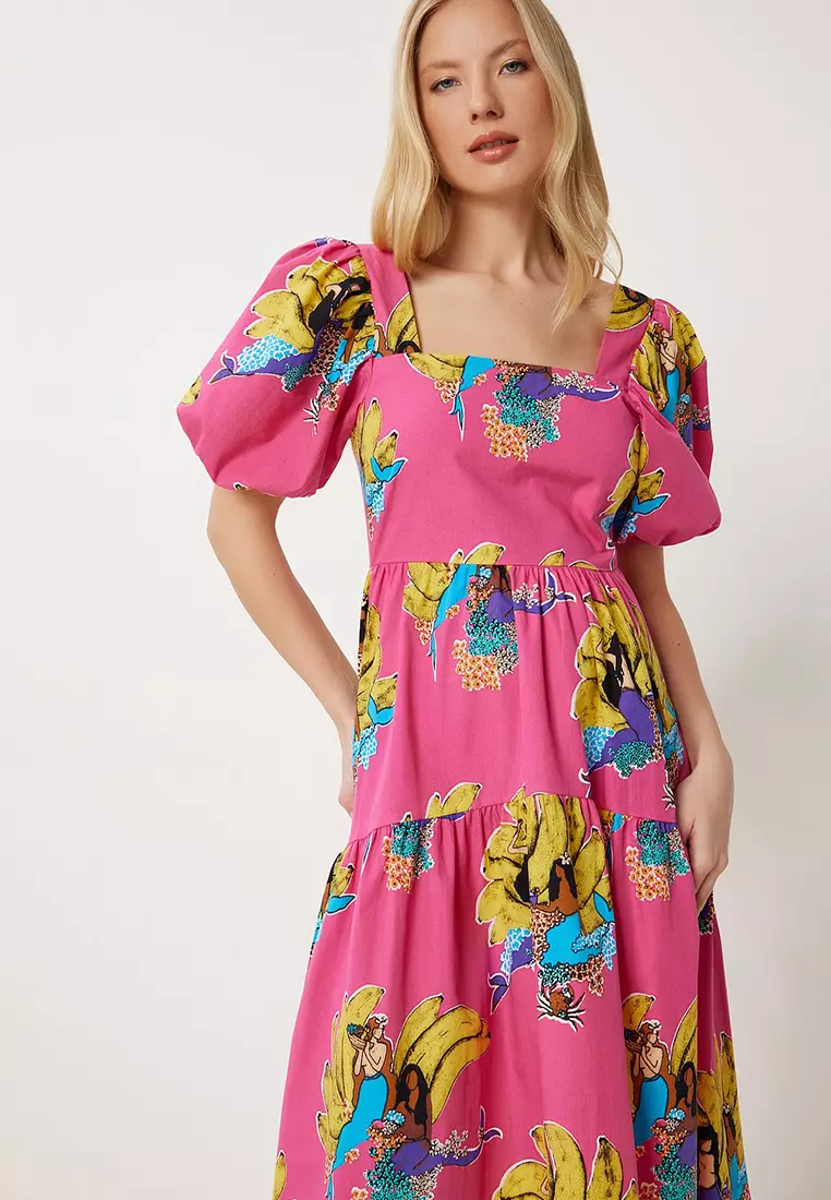 Women's Pink Yellow Patterned Summer Midi Poplin Dress Fk00017