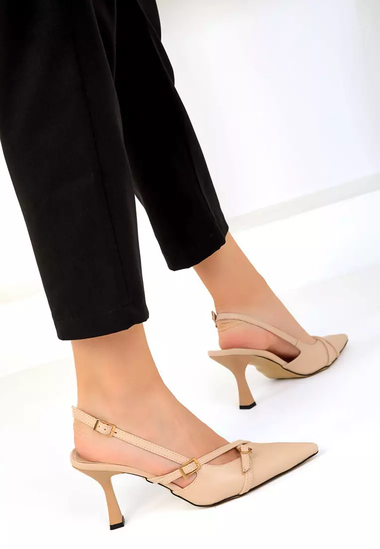 Faux Patent Leather Heels with Buckles Detail