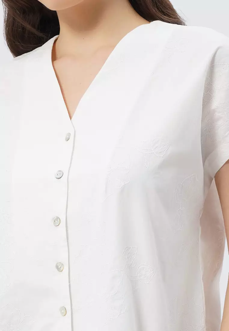 V-Neck Short Sleeve Blouse OFF WHITE