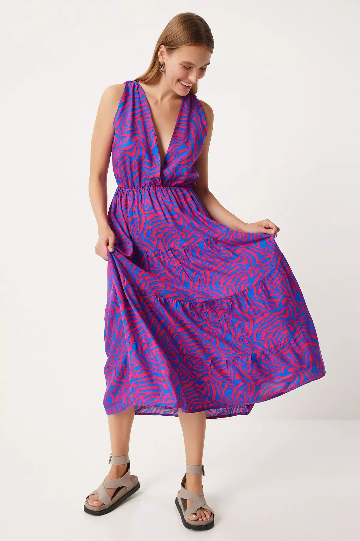 Pink Patterned Long Sleeveless Regular Dress