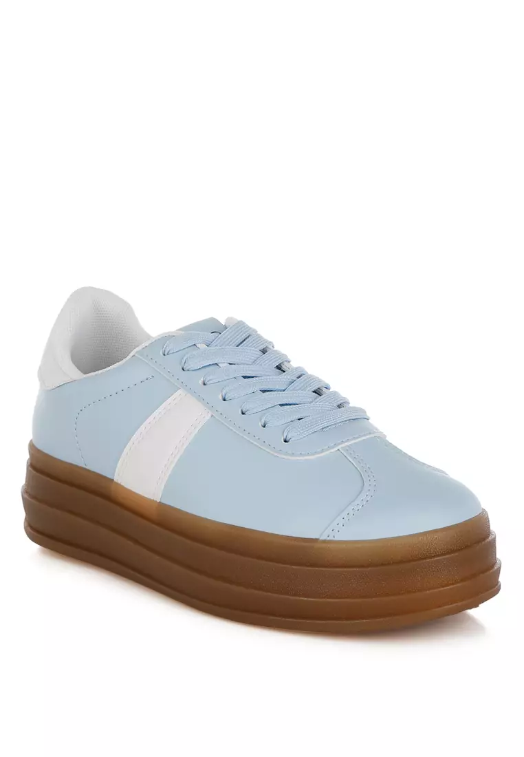 Faux Leather Lace-Up Sneakers in Light Blue