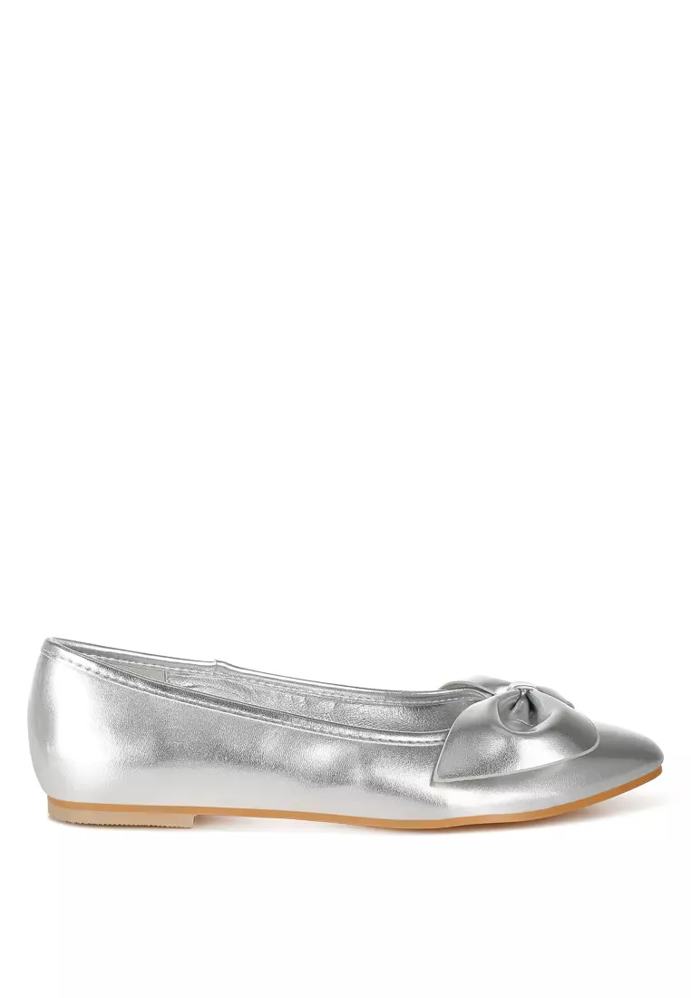 銀色金屬皮蝴蝶結芭蕾舞平底鞋