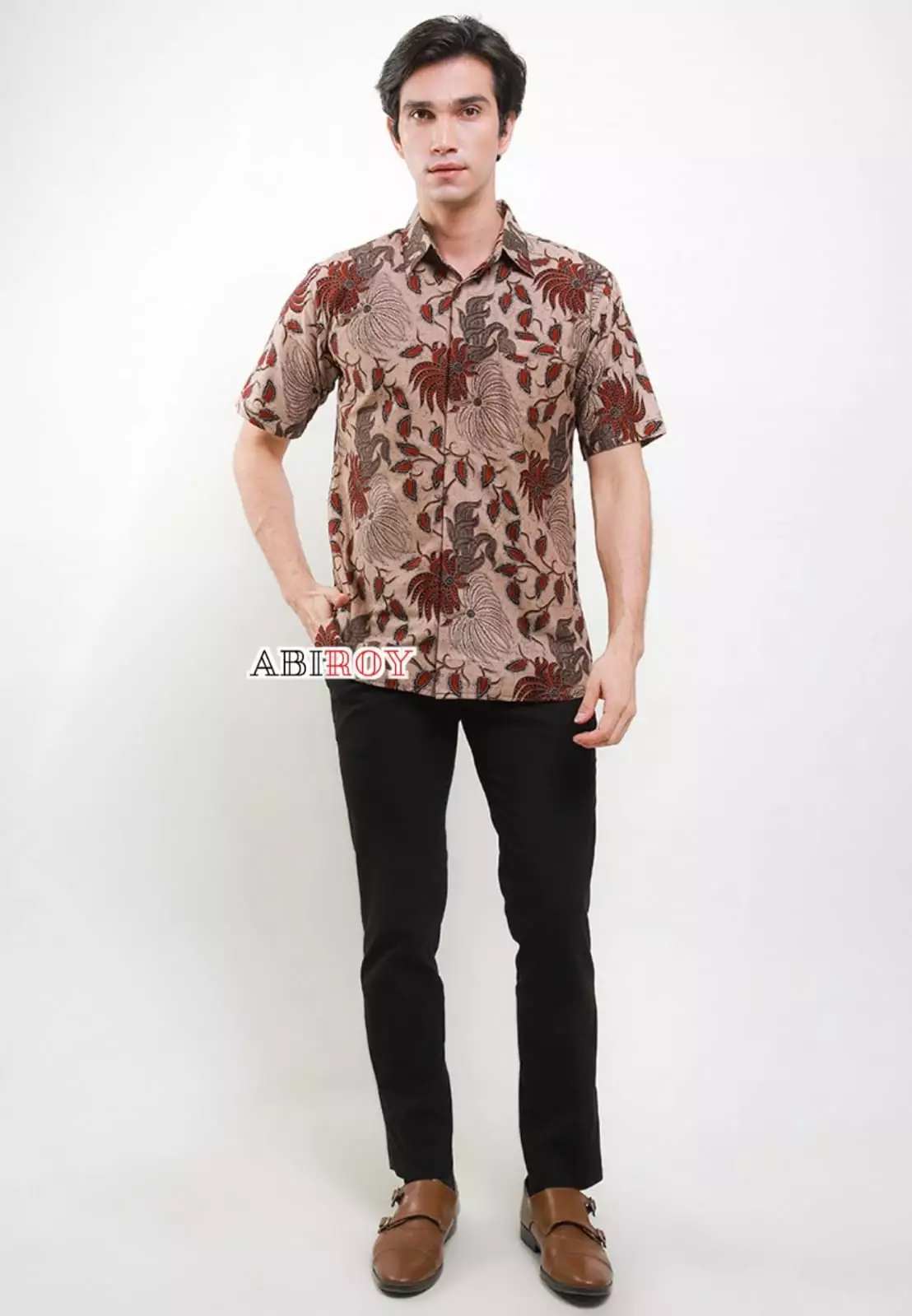 Jual Abiroy Kemeja Batik Pria Premium Slimfit Elegant Modern Lengan Pendek Candra Coklat 