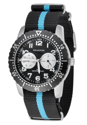 EGLANTINE silver EGLANTINE® Terrenz Unisex Steel Quartz Watch Black Dial on Black/Turquoise NATO Strap 6361DAC9A6C69CGS_1