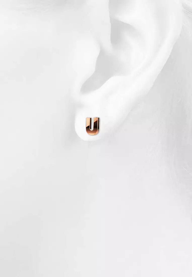 Bold Alphabet Letter Initial Charm Earrings in Rose Gold Tone - U