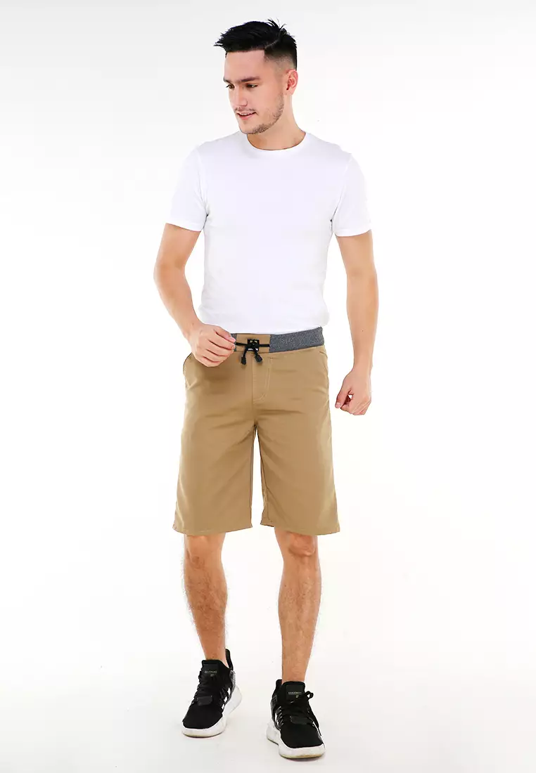 Rishham Celana Pendek Pria Polos Elastic Rubber Casual Short Pants Material Cotton ORIGINAL - Mocca