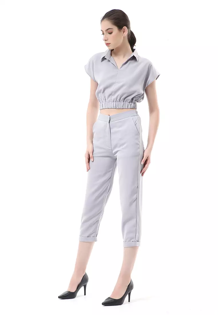 Nayra One Set Setelan Atasan Crop Karet Lengan Pendek Basic Pants Wanita Material Dolce ORIGINAL - Gray