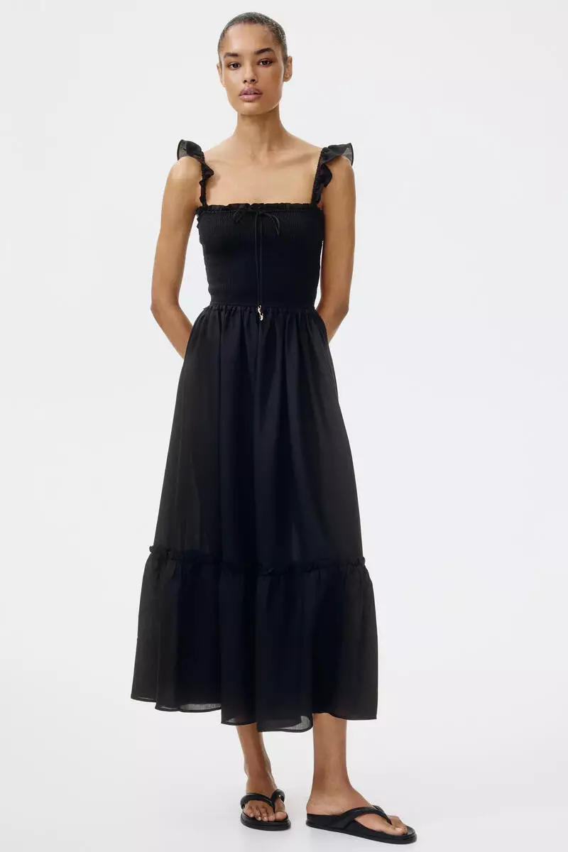 Frill-trimmed smocked-bodice dress