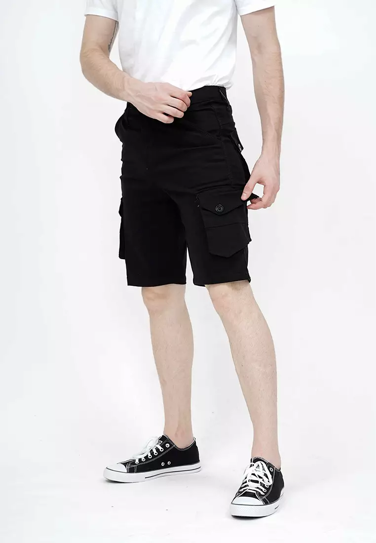 Celana pendek kargo pria cargo pants slim fit melar stretch houseofcuff Hitam