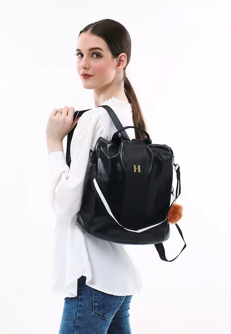 Afra Tas Ransel Wanita Large Compartment Backpack 2in1 Motif Polos Material Leather ORIGINAL - Black