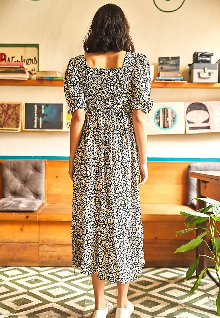 Floral Shirring Midi Dress