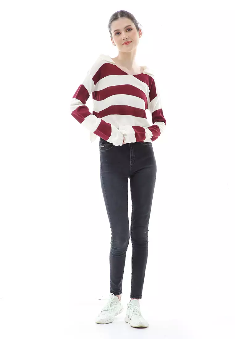 Vilia Rajut Crop Atasan Wanita Oversize Motif Stripe Garis Relaxed Fit - Maroon