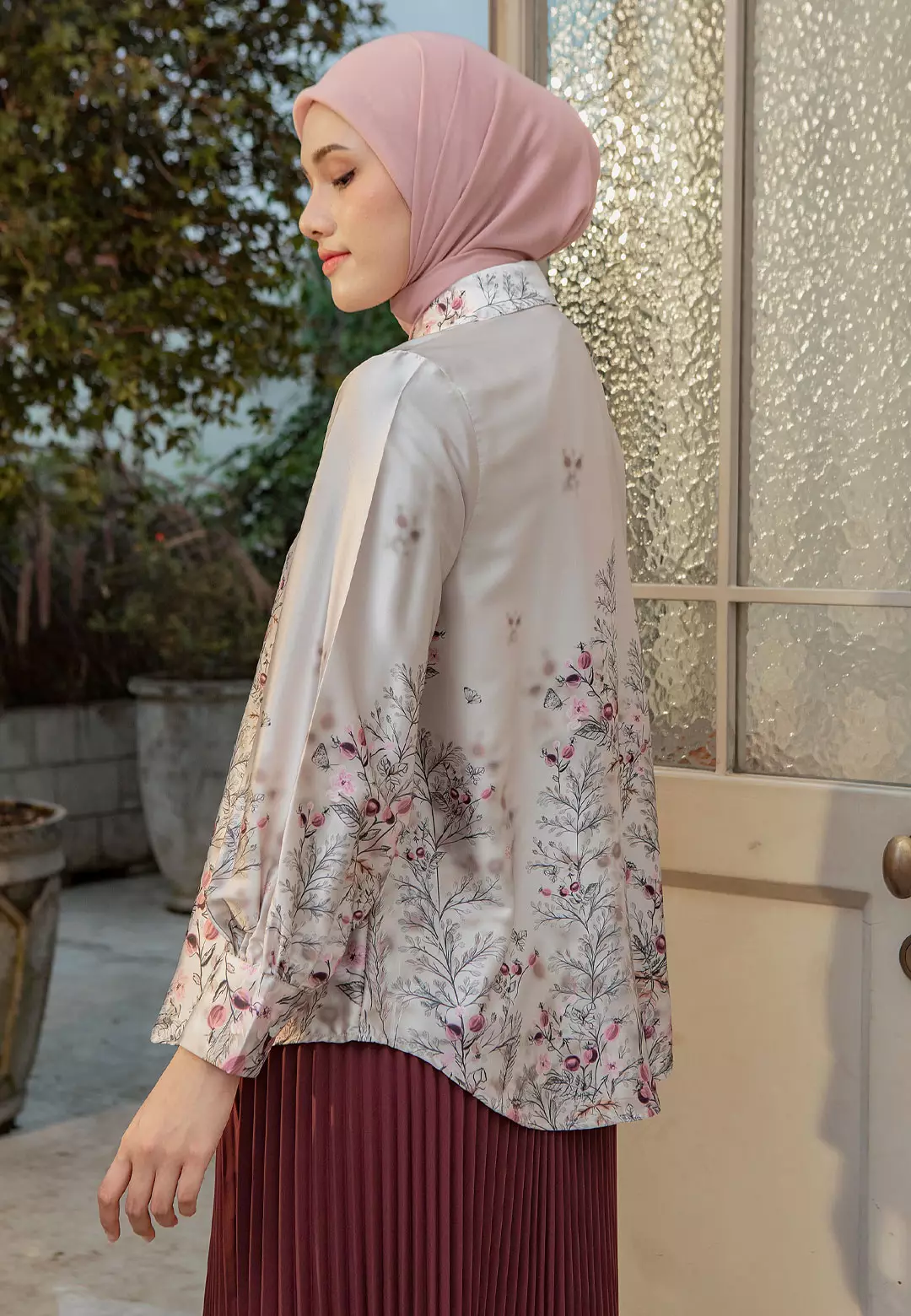HijabChic Lena Soft Beige Top - Atasan Lebaran Wanita Motif Floral Lembut Feminim