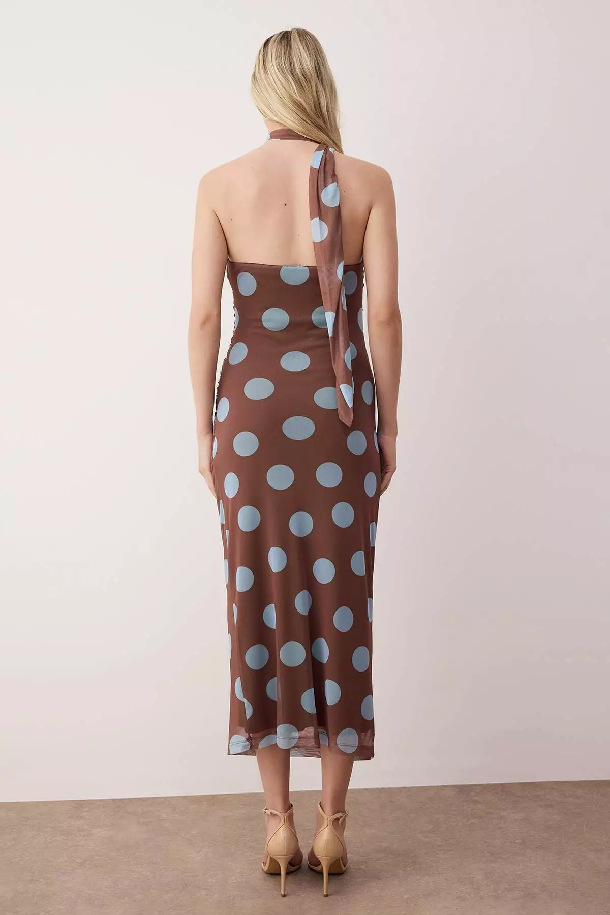 Dark Brown With Blue Polka Dots And Tie-Down Detailed Midi Knit Dress
