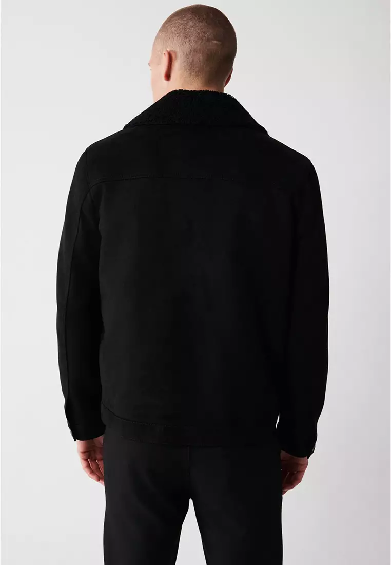 Men's Black Fur Collar Zippered Fiber Coat A32Y6140