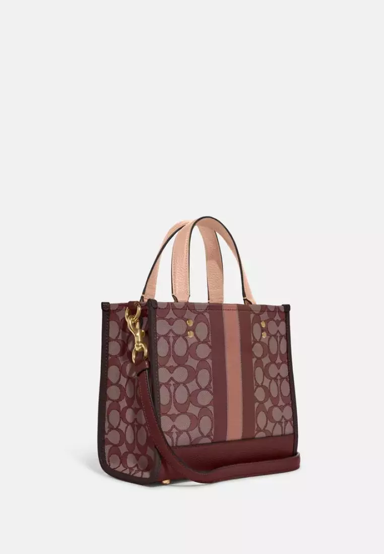 Coach Dempsey Tote 22 In Signature Jacquard With Stripe And Coach Patch Wine Multi