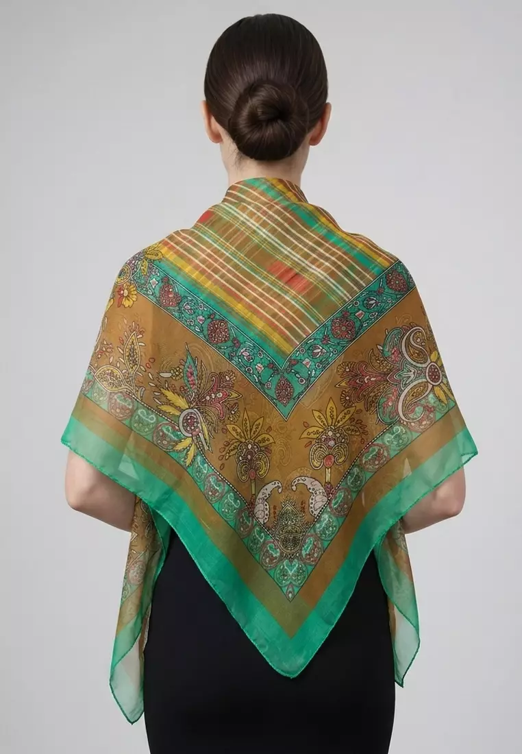 Aksesoris Wanita Lines & Paisley Printed Chiffon Large Square Scarf Segi Empat Besar Turquoise & Multi