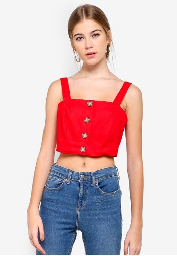 Jual Miss Selfridge Linen Red Button Front Crop Top Original Zalora Indonesia