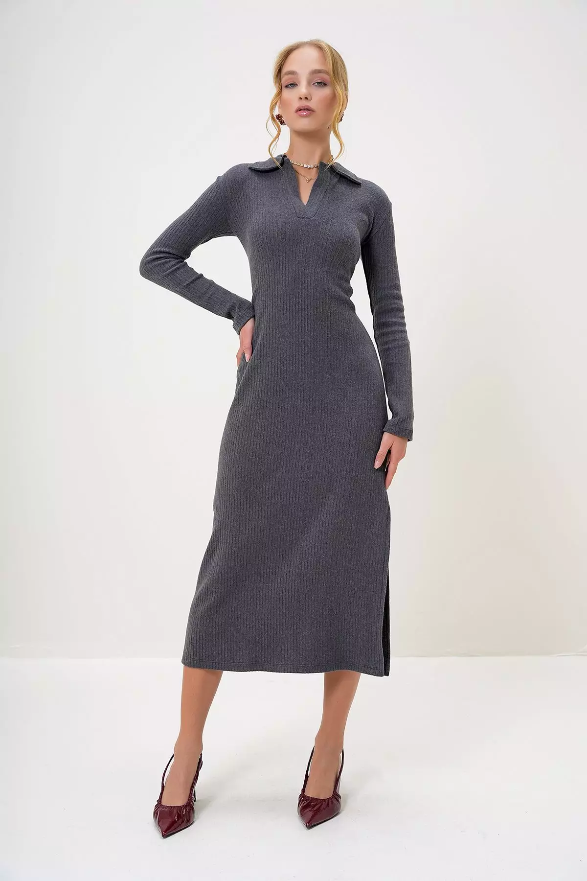 Women's Anthracite Polo Collar Half Placket Side Slit Interlock Fabric Dress