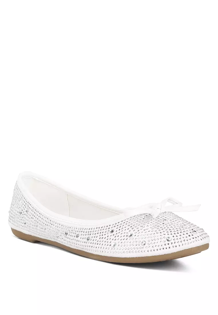 Off White Rhinestones Embellished Ballet Flats
