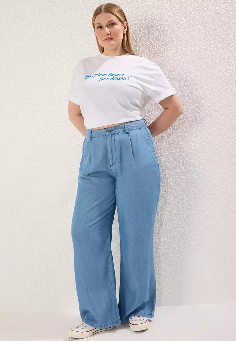 Blue High Waist Wide Leg Thin/Summer Tencel Plus Size Wide Leg Jeans TBBSS25CJ00022