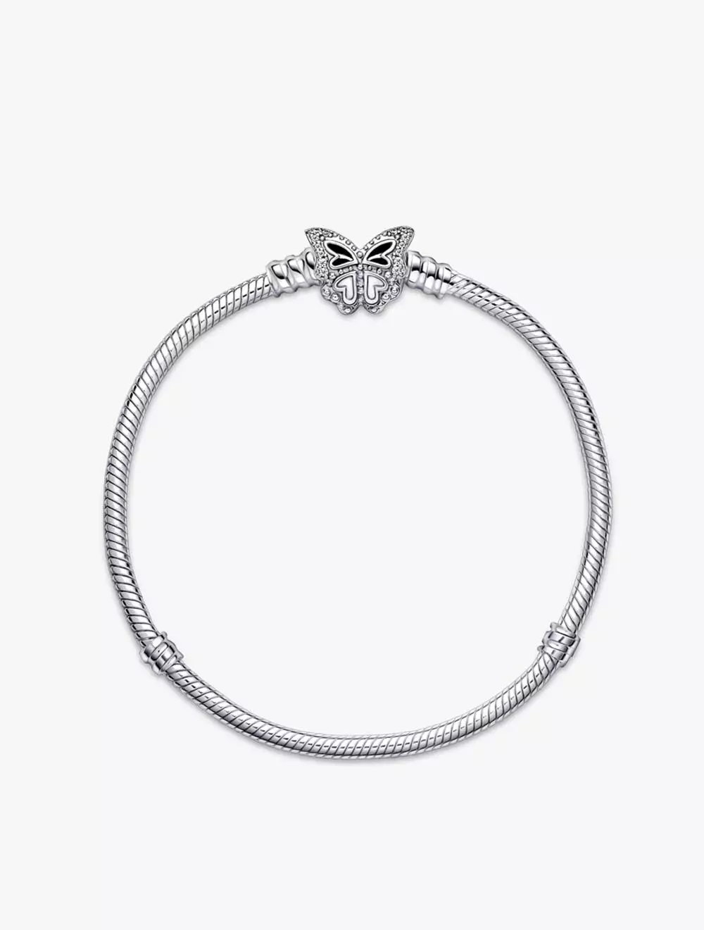Snake chain sterling silver bracelet with butterfly clasp with clear cubic zirconia
