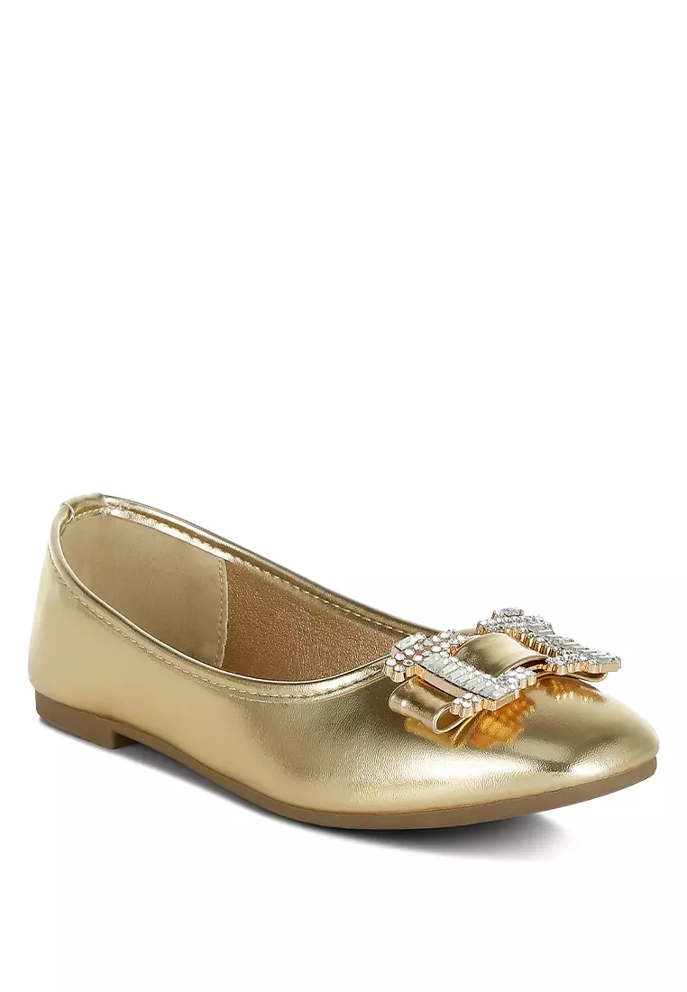 Rhinestone Buckle Metallic Ballerinas in Gold