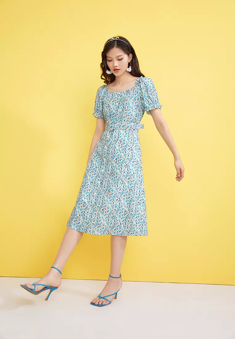 Square Neck Floral Midi Dress