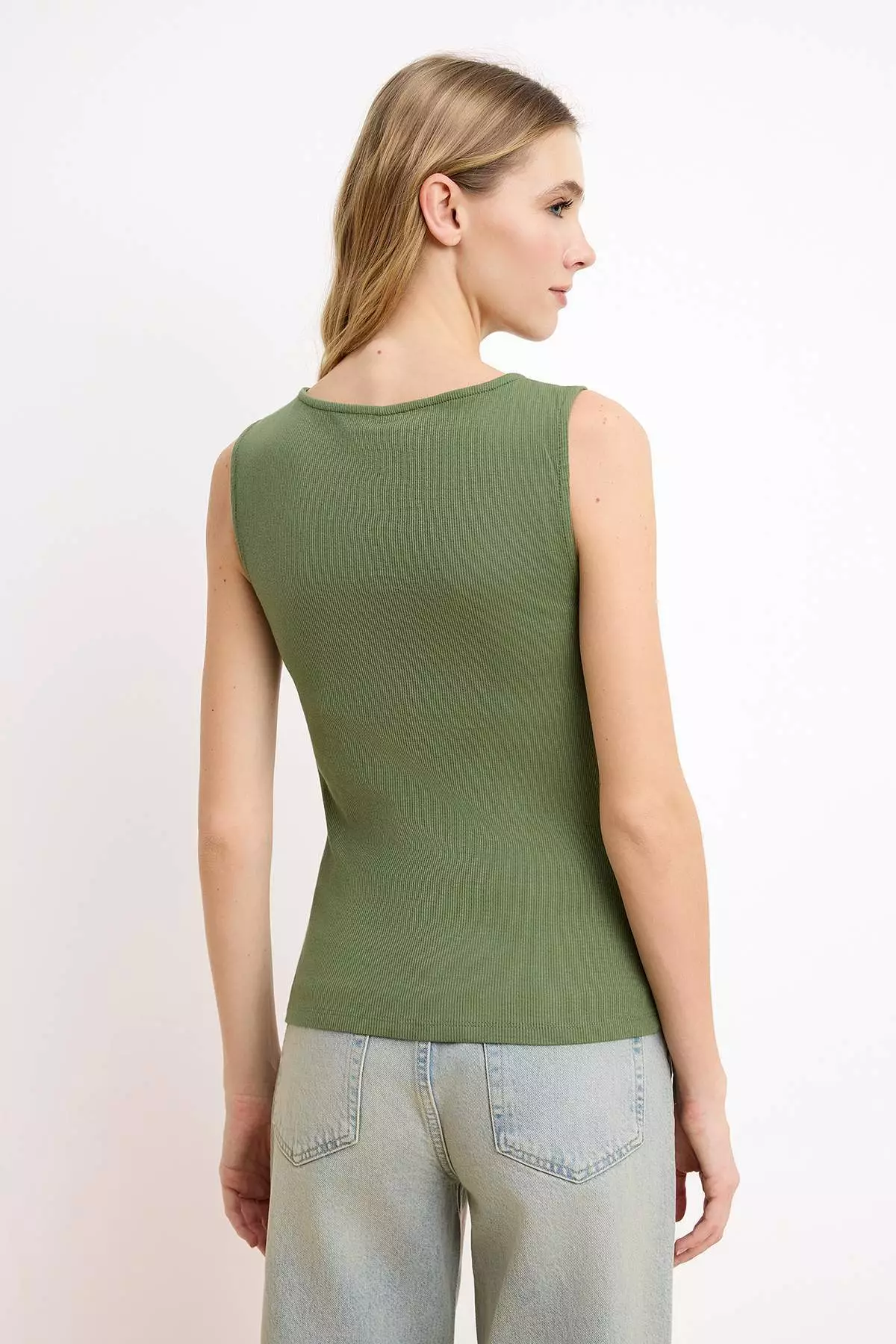 Khaki Buttoned Asymmetrical Fitted/Flattering Corded Fabric Stretchy Knitted Blouse Twoss25Bz394