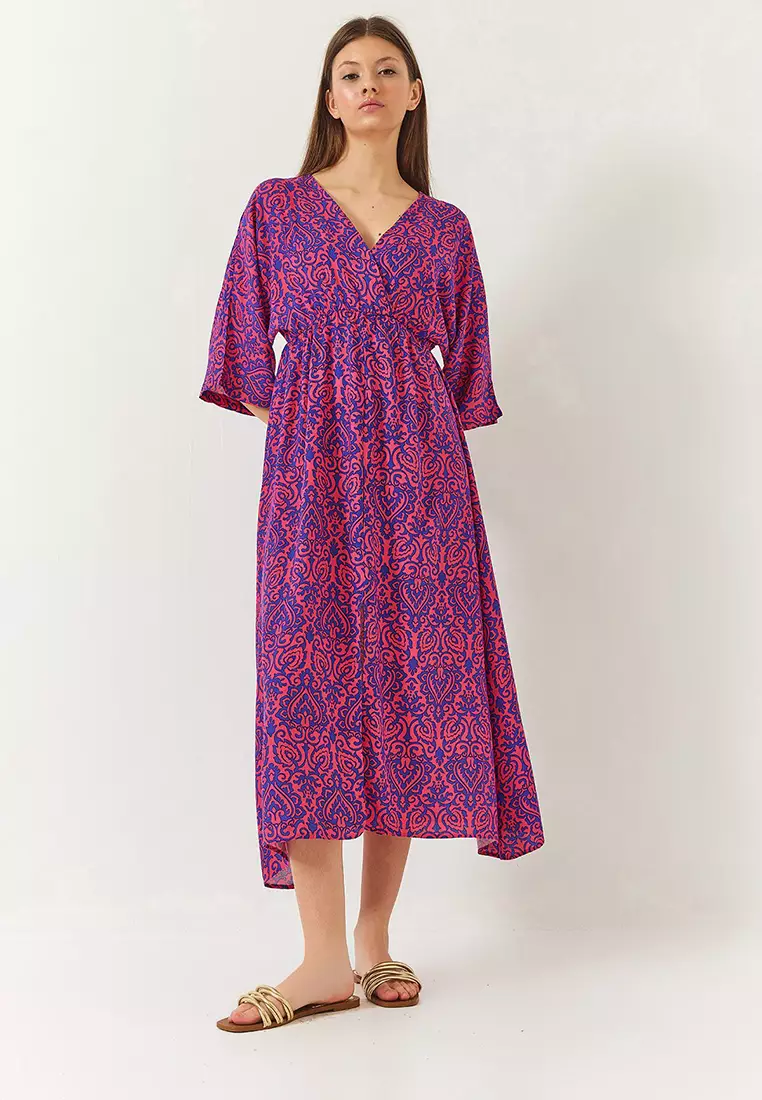 Women's Double Breasted V Neck Front Slit Detail Print Dress 60261411