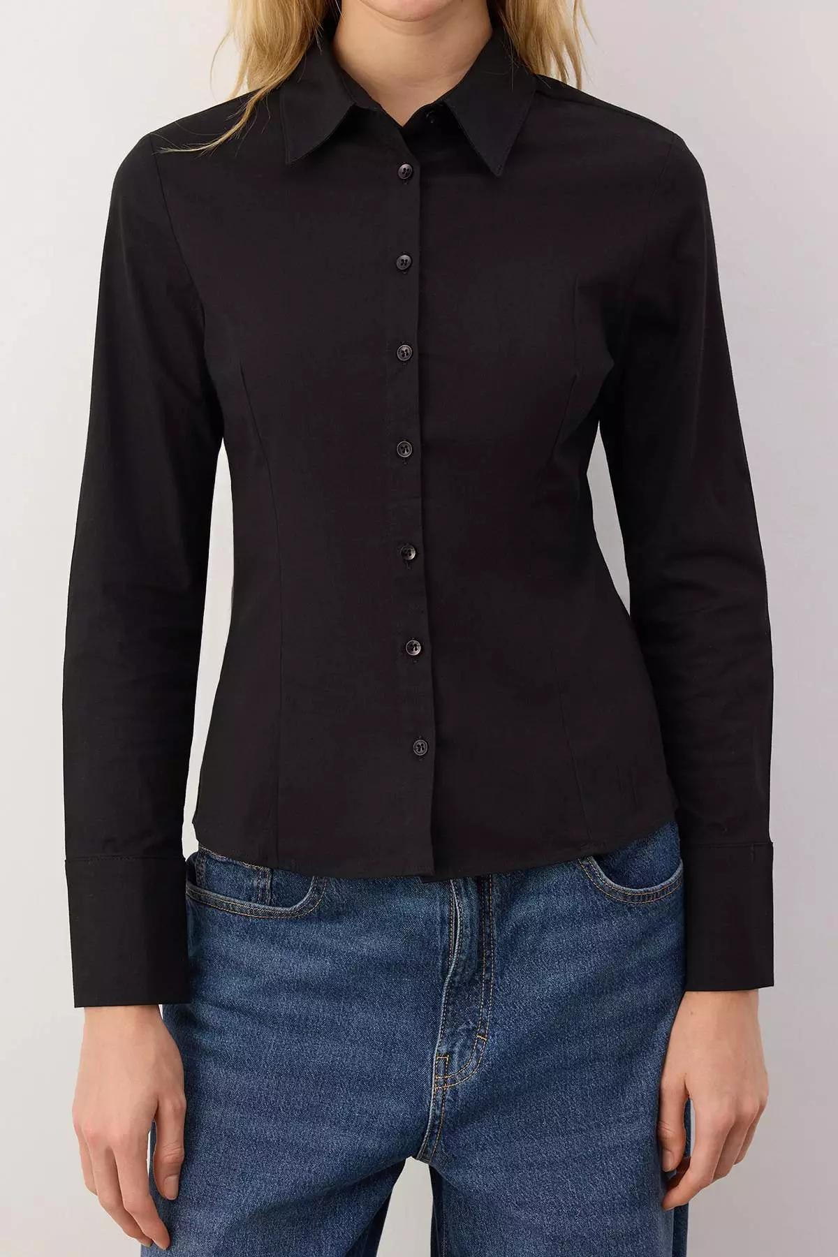 Wardrobe Essentials Black Lightweight Fitted Waist Cotton Woven Shirt Twoaw26Go22