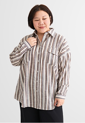 Mis Claire brown Mis Claire Plus Size Shari Effortless Striped Work Shirt - Brown 1FAA0AA0A4CCEAGS_1
