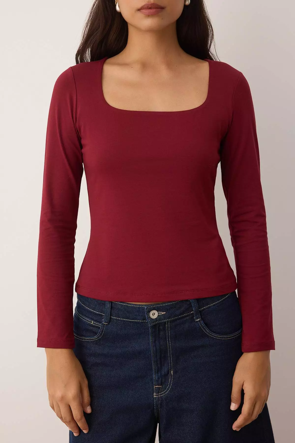 Burgundy Cotton Flexible Square Collar Fitted/Body-Smoothing Knitted Blouse Twoaw24Bz00016
