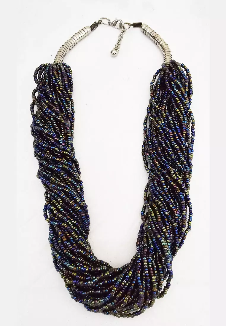 Aksesoris Wanita Beads Multilayer Necklace Kalung Manik Manik  Wanita Peacock Blue & Silver